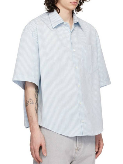 Striped Boxy Fit Short Sleeve Shirt Blue - AMI - BALAAN 2