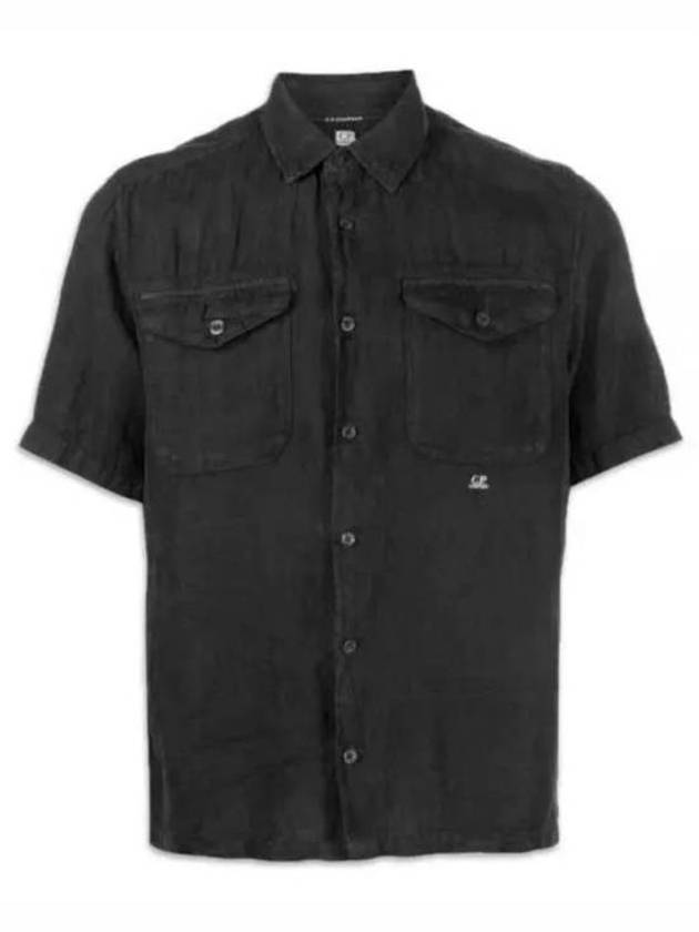 Small Logo Button Linen Short Sleeve Shirt Black - CP COMPANY - BALAAN 2