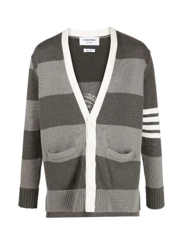 Pattern Intarsia Stripe Cardigan Grey - THOM BROWNE - BALAAN 3