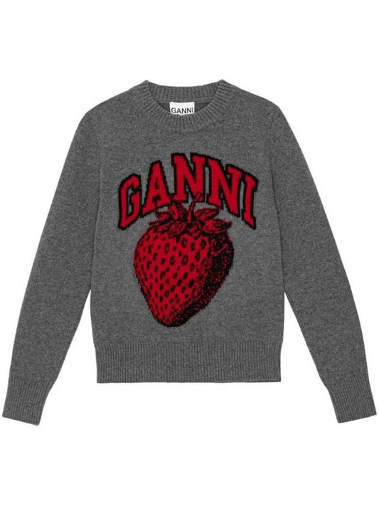 Intarsia Graphic Logo Crew Neck Wool Knit Top Grey - GANNI - BALAAN 1