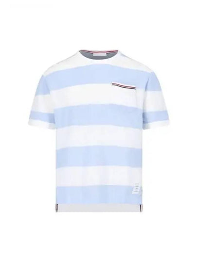 Men's Rugby Striped Pick Pocket Short Sleeve T-Shirt Light Blue White - THOM BROWNE - BALAAN 2