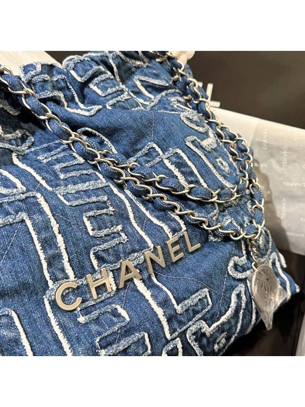 22 Bag Workshop Denim Small Two Lettering Fringe Blue - CHANEL - BALAAN 5