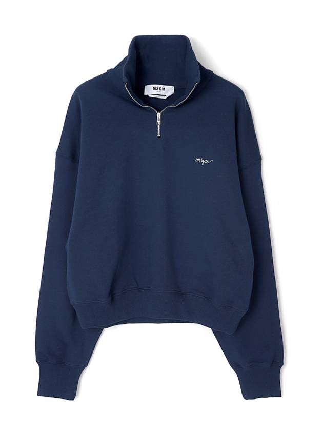 Embroidered Logo Half Zip Cotton Sweatshirt Navy - MSGM - BALAAN 1