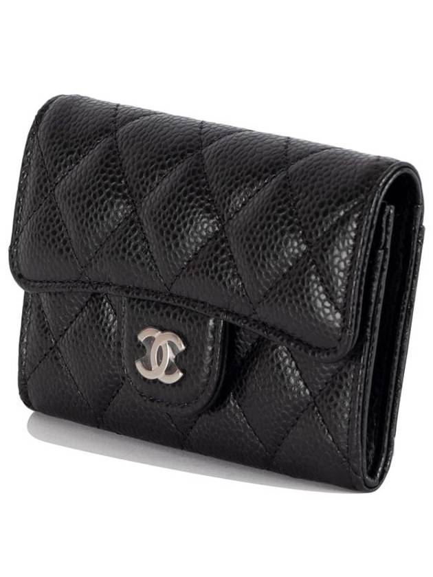 Classic Silver Logo Quilted Caviar Card Wallet Black - CHANEL - BALAAN 4