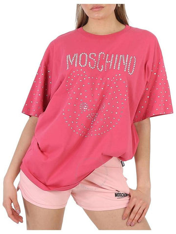 Moschino Fuschia Crystal Teddy Bear Oversize Cotton T-Shirt, Size X-Small - MOSCHINO - BALAAN 1