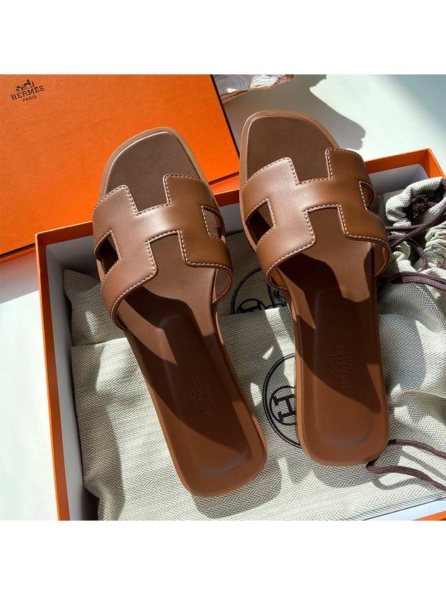 Oran Calfskin Slippers Gold Piqures Ecrues - HERMES - BALAAN 5