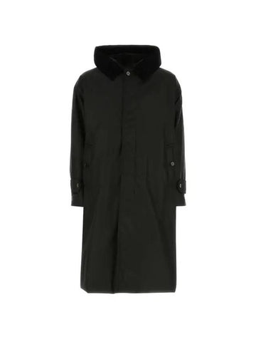 Men's Corduroy Collar Nylon Twill Hooded Car Single Coat Black - BURBERRY - BALAAN 1