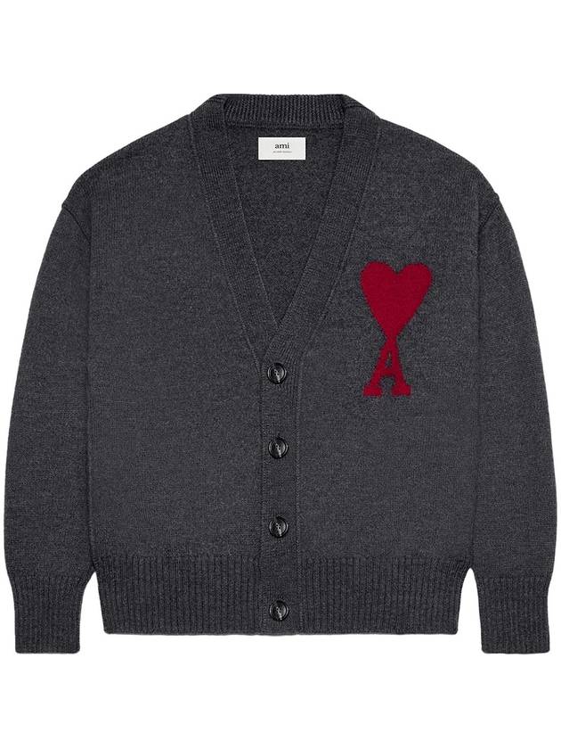 Heart Logo V Neck Wool Cardigan Heather Grey - AMI - BALAAN 2