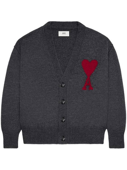 Heart Logo V Neck Wool Cardigan Heather Grey - AMI - BALAAN 2