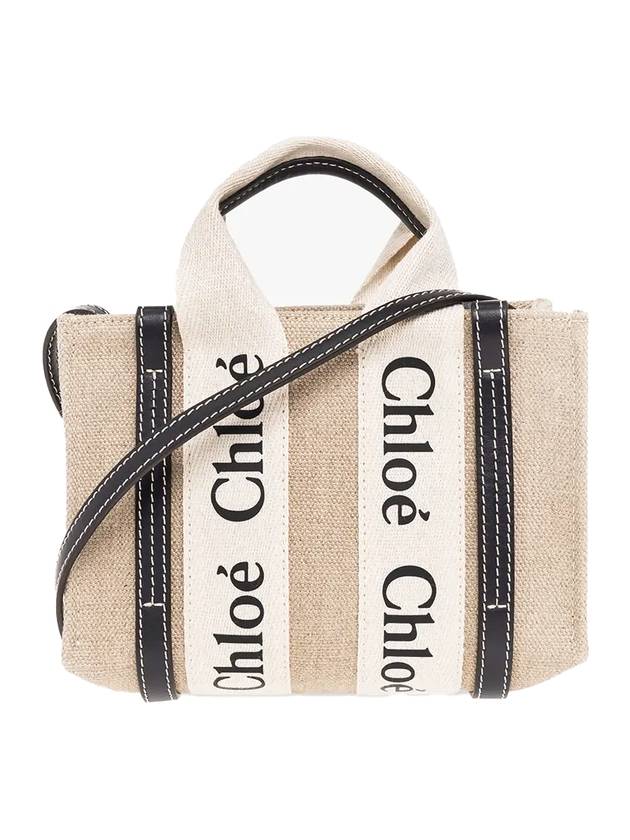 Woody Linen Canvas Calfskin Tote Bag White Navy - CHLOE - BALAAN 1