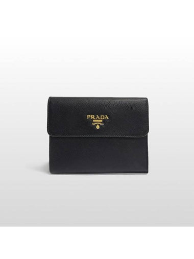 Prada Saffiano Metal Black Gold Logo Medium Wallet 1M0170 - PRADA - BALAAN 1