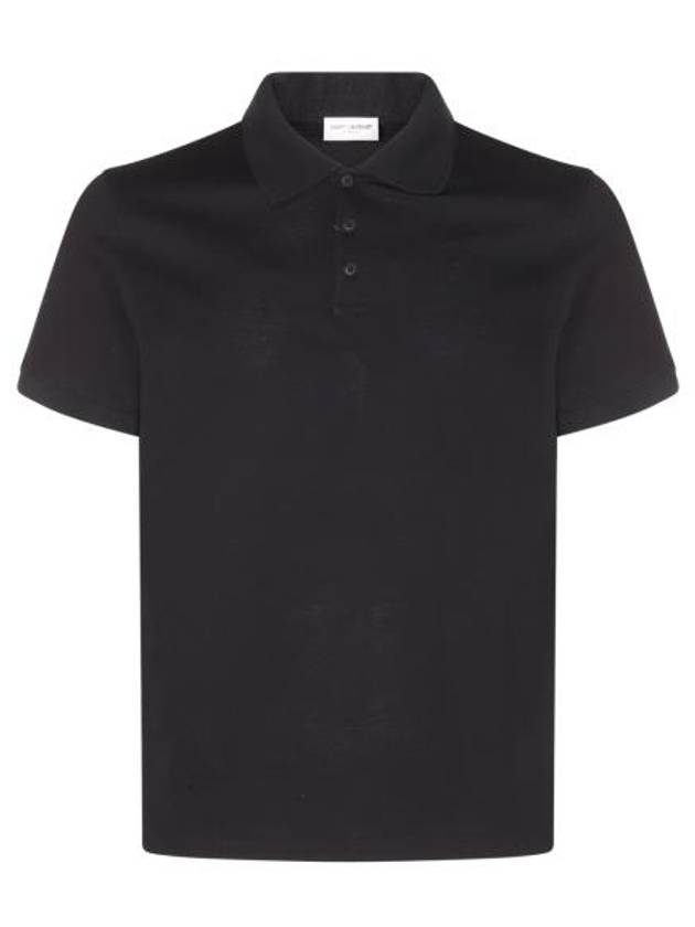 Men's Monogram Cotton Short Sleeve Polo Shirt Black - SAINT LAURENT - BALAAN 2