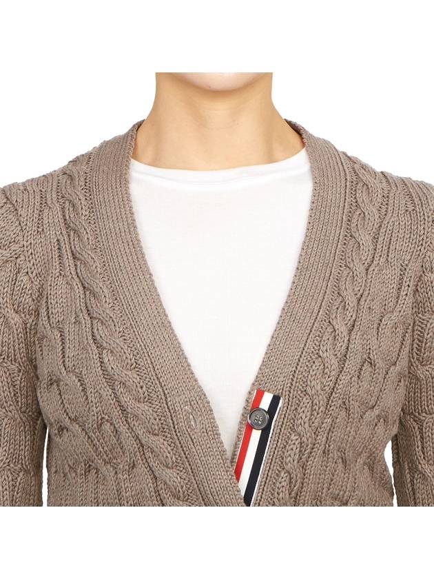 Merino Wool Crisscross Cable Stitch 3/4 Sleeve V-Neck Cardigan Medium Brown - THOM BROWNE - BALAAN 8