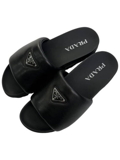 Logo Padded Leather Slippers Black - PRADA - BALAAN 2