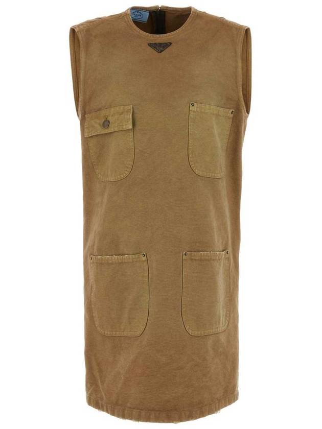 Sleeveless Canvas Mini Dress Camel - PRADA - BALAAN 2