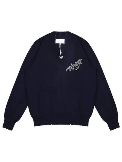 Bat Embroidered V-neck Wool Knit Top Navy - MAISON MARGIELA - BALAAN 2