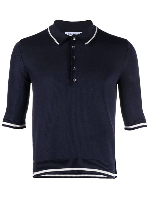 Contrast Trim Silk Cotton Polo Shirt Navy - THOM BROWNE - BALAAN 3