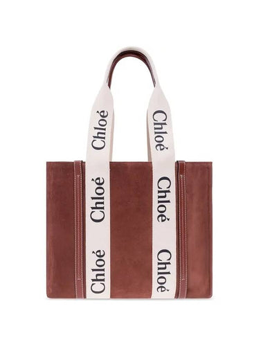 Woody Medium Suede Calfskin Tote Bag Sepia Brown - CHLOE - BALAAN 1