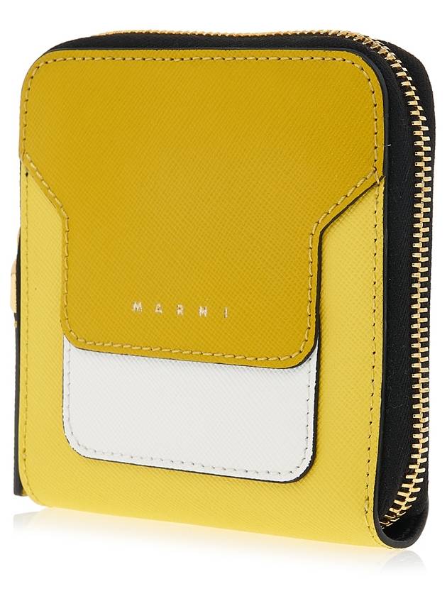 Logo Printed Round Zip Leather Half Wallet Yellow - MARNI - BALAAN 3