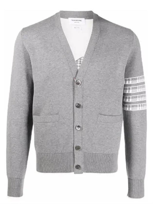 Men's Diagonal Plain Jacquard V-neck Cardigan Light Gray - THOM BROWNE - BALAAN.