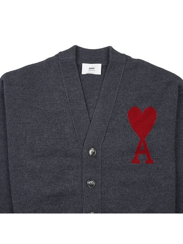 Heart Logo V Neck Wool Cardigan Heather Grey - AMI - BALAAN 4