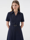 Women's Colia Open Collar Belted Midi Dress Navy - AME - BALAAN 6