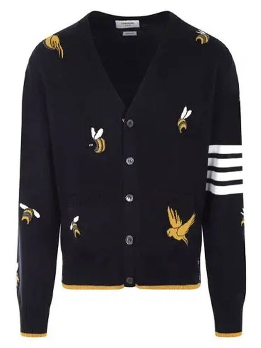 Men's Merino Bird Bee 4 Bar V-Neck Merino Cotton Cardigan Navy - THOM BROWNE - BALAAN 2