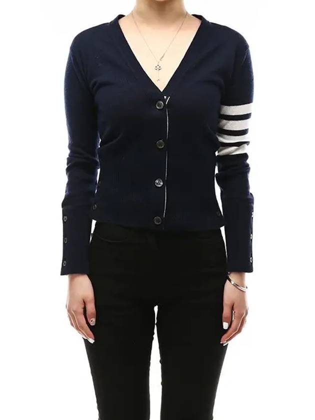 4-Bar V-Neck Cashmere Cardigan Navy - THOM BROWNE - BALAAN 4