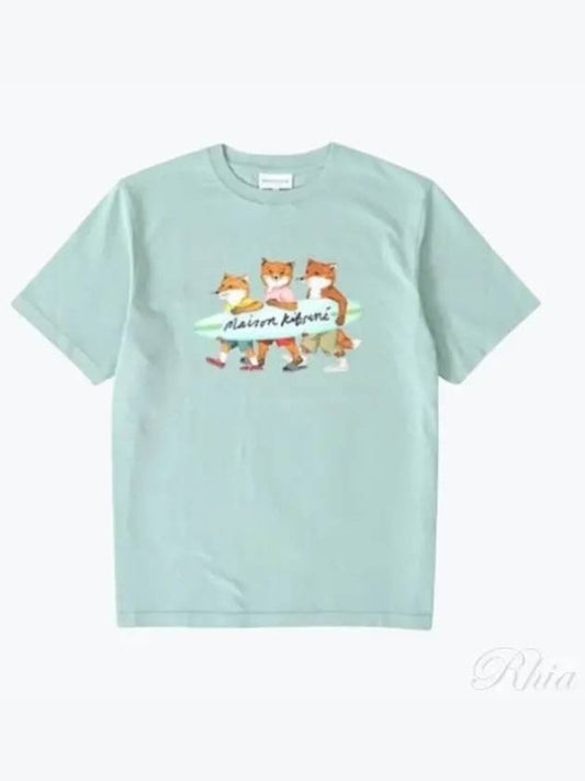 Surfing Foxes Logo Print Short Sleeve T-Shirt Sky Blue - MAISON KITSUNE - BALAAN 2