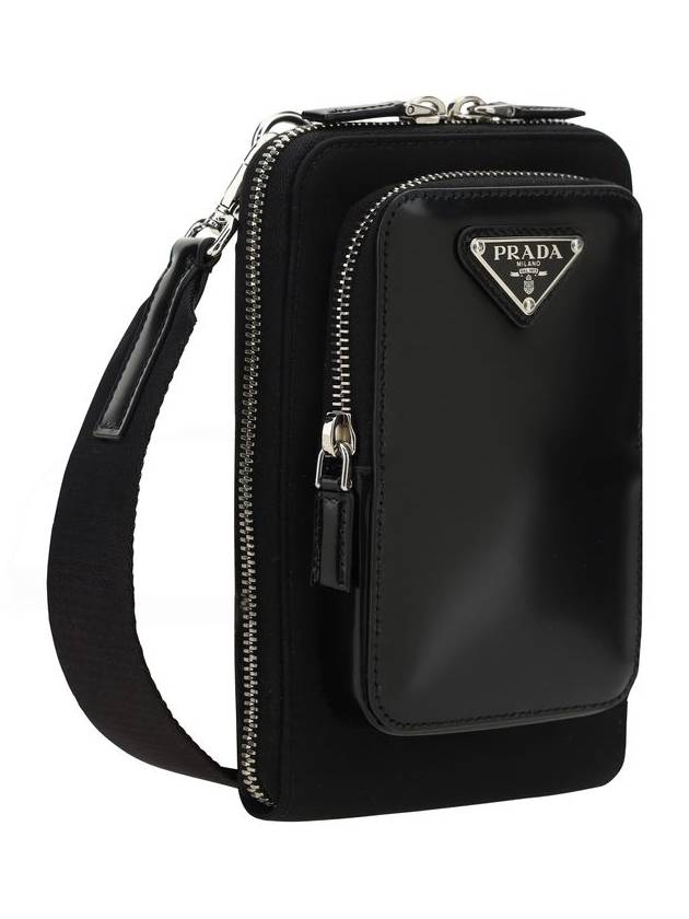 Triangle Logo Brushed Leather Phone Case Cross Bag Black - PRADA - BALAAN 3