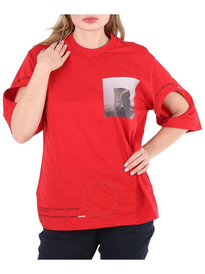 Women's Character Cutout Detail Montage Print Oversized Short Sleeve T-Shirt Bright Red - BURBERRY - BALAAN 2