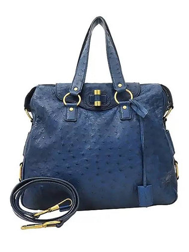 YSL Yip 168238 Rive Gauche Blue Ostrich Leather Tote Bag Shoulder Strap - SAINT LAURENT - BALAAN 1