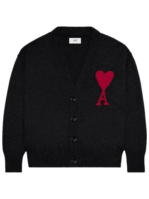 Heart Logo V Neck Wool Cardigan Black - AMI - BALAAN 2