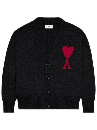 Heart Logo V Neck Wool Cardigan Black - AMI - BALAAN 2