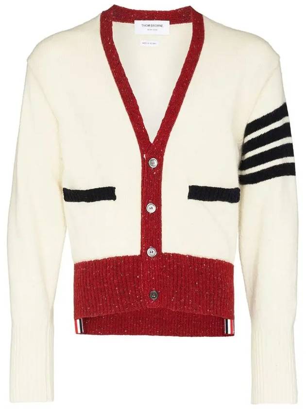 Men's Jersey Stitch Mohair Tweed 4 Lines V-Neck Cardigan White - THOM BROWNE - BALAAN 3