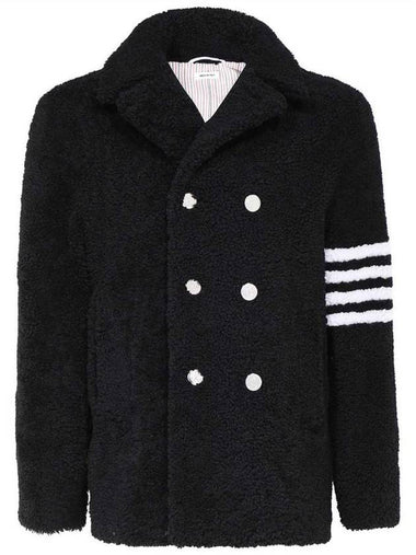 Men's 4 Bar Unconstructed Classic Shearling Pea Coat Black - THOM BROWNE - BALAAN 1