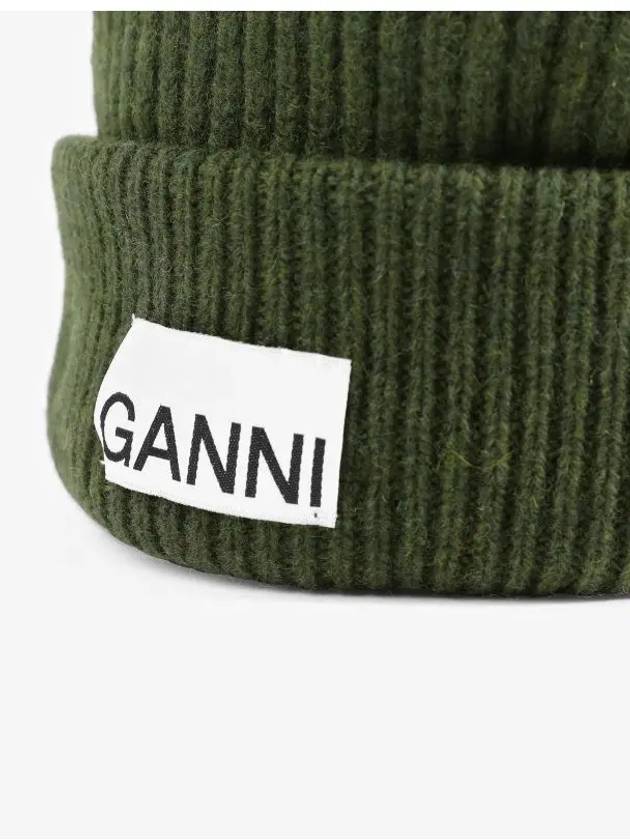 Logo Patch Ribbed Knit Beanie Khaki - GANNI - BALAAN 4