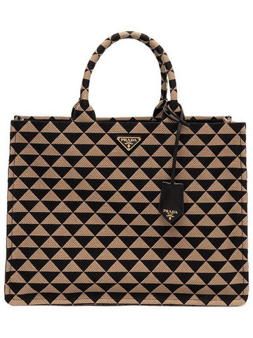Embroidered Symbol Fabric Tote Bag Black Beige - PRADA - BALAAN.