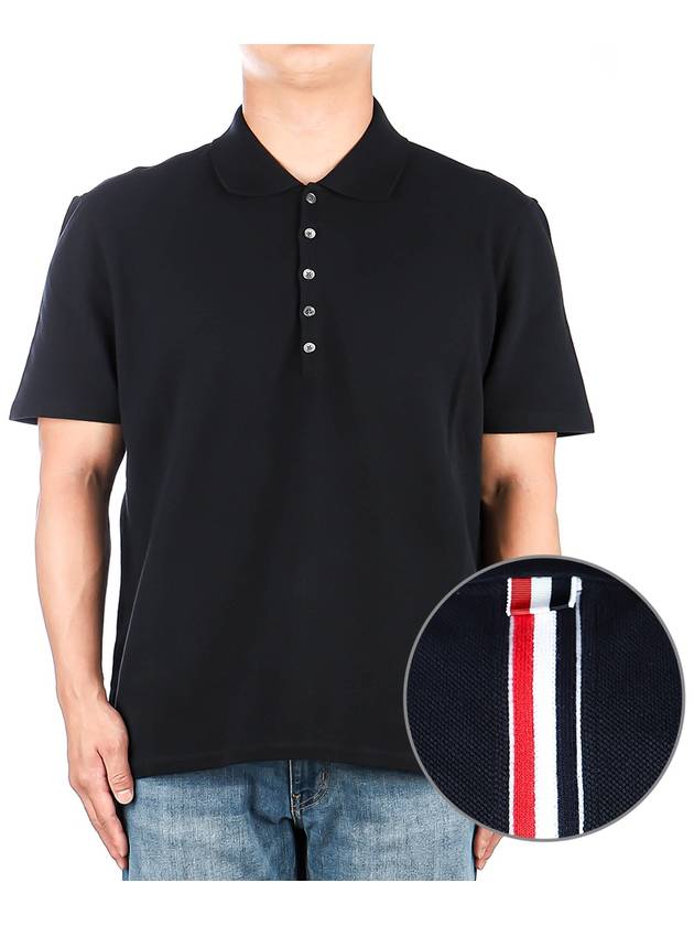 Men's Cotton Pique Center Bag Striped Short Sleeve Polo Shirt  Navy - THOM BROWNE - BALAAN 2