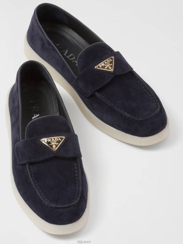 Triangle Logo Suede Leather Loafers Blue - PRADA - BALAAN 3