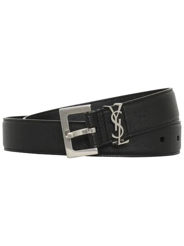 Silver Hardware Monogram Buckle Leather Belt Black - SAINT LAURENT - BALAAN 3