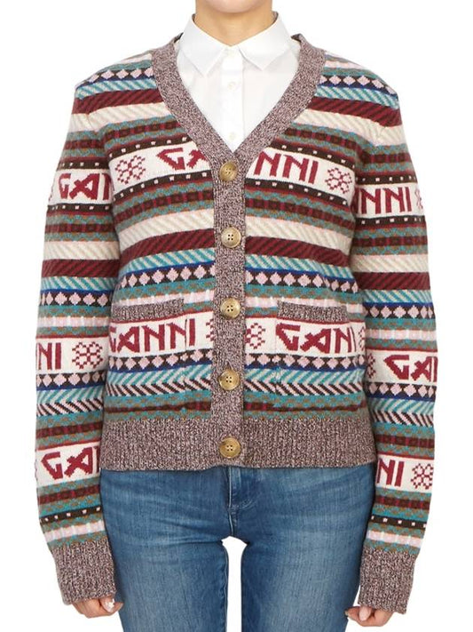 Logo Stripe Wool Blend Knit Cardigan - GANNI - BALAAN 2