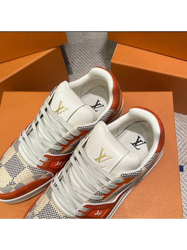 Men's LV Trainer Sneakers Calfskin Damier Orange - LOUIS VUITTON - BALAAN 5