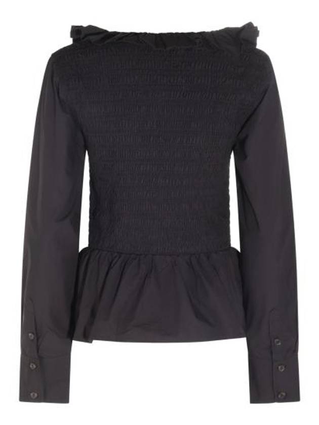 Poplin Ruffled Smoked Cotton Blouse Black - GANNI - BALAAN 5