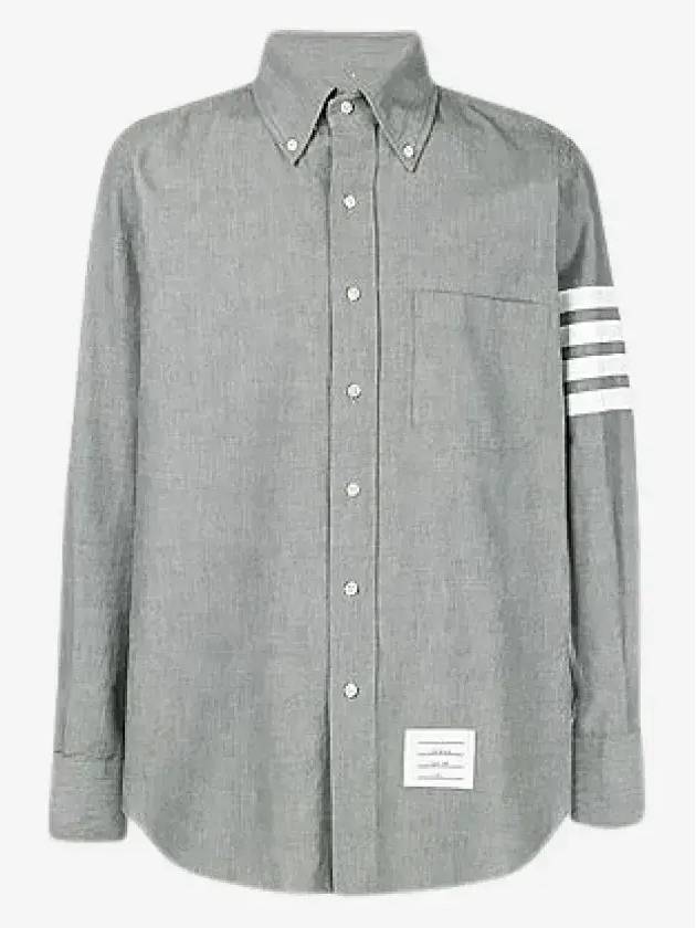 Men's Diagonal Shambray Print Nametag Straight Fit Long Sleeve Shirt Medium Grey - THOM BROWNE - BALAAN 2