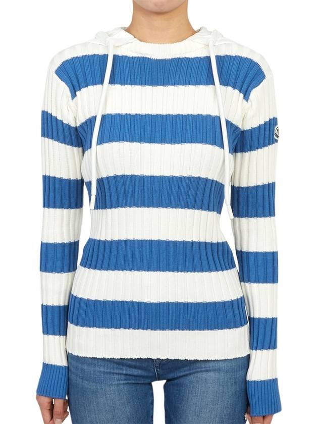 Striped Hooded Knit Top White Blue - MONCLER - BALAAN.