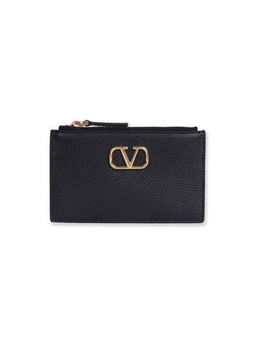 V Logo Zipper Card Wallet Black - VALENTINO - BALAAN 1