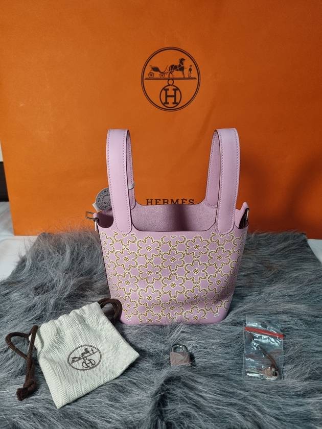 Picotan Rock Lucky Daisy Micro Bag Printed Swift Palladium Hardware Mauve Silvestre Cuvret Blanc - HERMES - BALAAN 2