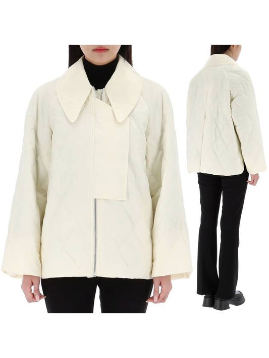 Pointed Collar Diamond Quilted Zip-Up Jacket White - GANNI - BALAAN 2