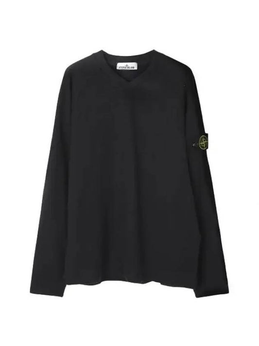 Garment Dyed V Neck Badge Sweatshirt Black - STONE ISLAND - BALAAN 1